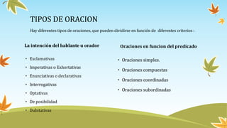 La intención del hablante u orador
• Exclamativas
• Imperativas o Exhortativas
• Enunciativas o declarativas
• Interrogativas
• Optativas
• De posibilidad
• Dubitativas
Oraciones en funcion del predicado
• Oraciones simples.
• Oraciones compuestas
• Oraciones coordinadas
• Oraciones subordinadas
TIPOS DE ORACION
Hay diferentes tipos de oraciones, que pueden dividirse en función de diferentes criterios :
 