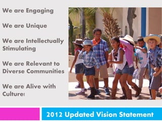 We are Engaging 
We are Unique 
We are Intellectually 
Stimulating 
We are Relevant to 
Diverse Communities 
We are Alive with 
Culture! 
2012 Updated Vision Statement 
 