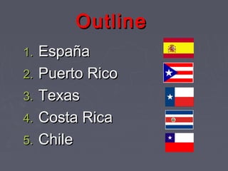 OutlineOutline
1.1. EspañaEspaña
2.2. Puerto RicoPuerto Rico
3.3. TexasTexas
4.4. Costa RicaCosta Rica
5.5. ChileChile
 