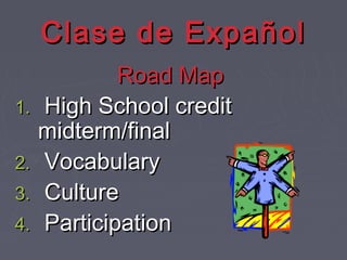 Clase de ExpañolClase de Expañol
Road MapRoad Map
1.1. High School creditHigh School credit
midterm/finalmidterm/final
2.2. VocabularyVocabulary
3.3. CultureCulture
4.4. ParticipationParticipation
 