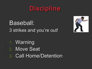DisciplineDiscipline
Baseball:Baseball:
3 strikes and you’re out!3 strikes and you’re out!
1.1. WarningWarning
2.2. Move SeatMove Seat
3.3. Call Home/DetentionCall Home/Detention
 