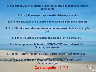 1. Il te fait envoyer le même e-mail deux fois à la même personne
                             (déjà fait!)

         2. Il te fait envoyer des e-mails vides (ça aussi!)

 3. Il te fait envoyer des e-mails à la mauvaise personne (oups!)

4. Il te fait retourner des e-mails à la personne qui te les a envoyés
                                  (ha!)

     5. Il te fait oublier d'attacher les pièces jointes (maudit!)

   6. Il te fait pousser le bouton "ENVOYER" avant d'avoir fini
                        (Oh non, pas encore!)

 7. Il te fait "SUPPRIMER" au lieu "D'ENVOYER" (Je déteste ça!)

    8. Il te fait "ENVOYER" quand tu voudrais "SUPPRIMER"
                         (Oh non, pas ça!)
                        Ça s'appelle : ? ? ?
 