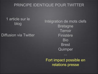 PRINCIPE IDENTIQUE POUR TWITTER


   1 article sur le
                        Intégration de mots clefs
         blog
                                Bretagne
                                  Terroir
Diffusion via Twitter            Finistère
                                    Bio
                                   Brest
                                 Quimper
                                     ...
                        Fort impact possible en
                            relations presse
 