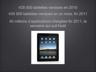 435 000 tablettes vendues en 2010
435 000 tablettes vendues en un mois, fin 2011

40 millions d’applications chargées fin 2011, la
             semaine qui suit Noël
 