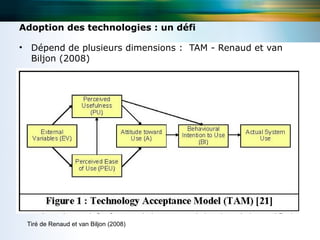 Adoption des technologies : un défi
• Dépend de plusieurs dimensions : TAM - Renaud et van
Biljon (2008)

Tiré de Renaud e...