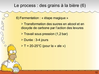 6)   Fermentation : « étape magique » Transformation des sucres en alcool et en dioxyde de carbone par l’action des levures Travail sous pression (1,2 bar) Durée : 3-4 jours T = 20-25°C (pour la « ale ») Le process : des grains à la bière (6) 10 