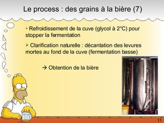 Refroidissement de la cuve (glycol à 2°C) pour stopper la fermentation Clarification naturelle : décantation des levures mortes au fond de la cuve (fermentation basse)    Obtention de la bière Le process : des grains à la bière (7) 11 