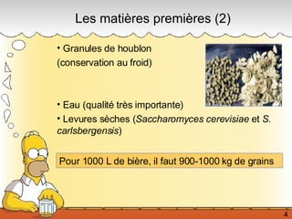 Granules de houblon  (conservation au froid) Eau (qualité très importante) Levures sèches ( Saccharomyces cerevisiae  et  S. carlsbergensis ) Pour 1000 L de bière, il faut 900-1000 kg de grains Les matières premières (2) 4 