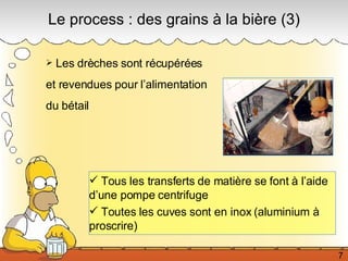 Tous les transferts de matière se font à l’aide d’une pompe centrifuge Toutes les cuves sont en inox (aluminium à proscrire) Le process : des grains à la bière (3) Les drèches sont récupérées  et revendues pour l’alimentation du bétail 7 