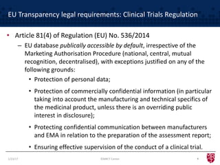 EU Transparency legal requirements: Clinical Trials Regulation
• Article 81(4) of Regulation (EU) No. 536/2014
– EU database publically accessible by default, irrespective of the
Marketing Authorisation Procedure (national, central, mutual
recognition, decentralised), with exceptions justified on any of the
following grounds:
• Protection of personal data;
• Protection of commercially confidential information (in particular
taking into account the manufacturing and technical specifics of
the medicinal product, unless there is an overriding public
interest in disclosure);
• Protecting confidential communication between manufacturers
and EMA in relation to the preparation of the assessment report;
• Ensuring effective supervision of the conduct of a clinical trial.
91/23/17 ©MRCT Center
 