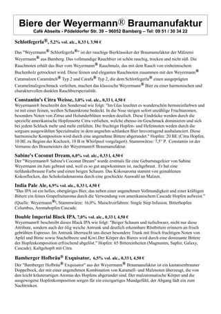 Biere der Weyermann® Braumanufaktur
Café Abseits - Pödeldorfer Str. 39 – 96052 Bamberg – Tel: 09 51 / 30 34 22
Schlotfegerla®, 5,2% vol. alc., 0,33 l, 3,90 €
Das "Weyermann® Schlotfegerla®" ist der rauchige Bierklassiker der Braumanufaktur der Mälzerei
Weyermann® aus Bamberg. Das vollmundige Rauchbier ist schön rauchig, trocken und nicht süß. Die
Rauchnoten erhält das Bier vom Weyermann® Rauchmalz, das mit dem Rauch von einheimischem
Buchenholz getrocknet wird. Diese feinen und eleganten Rauchnoten zusammen mit den Weyermann®
Caramalzen Caramünch® Typ 2 und Carafa® Typ 2, die dem Schlotfegerla® einen ausgeprägten
Caramelmalzgeschmack verleihen, machen das klassische Weyermann® Bier zu einer harmonischen und
charaktervollen dunklen Rauchbierspezialität.
Constantin's Citra Weisse, 3,0% vol. alc., 0,33 l, 4,50 €
Weyermann® beschreibt den Sondersud wie folgt: "Im Glas leuchtet es wunderschön bernsteinfarbwn und
ist mit einer feinen, weißen Schaumkrone bedeckt. In die Nsse steigen sofort unzählige Fruchtaromen,
besonders Noten von Zitrus und Holunderblüten werden deutlich. Diese Eindrücke werden durch die
spezielle amerikanische Hopfensorte Citra verliehen, welche ebenso im Geschmack dominieren und sich
bei jedem Schluck mehr und mehr entfalten. Die fruchtign Hopfen- und Hefennoten weden durch die
sorgsam ausgewählten Spezialmalze in dem angnehm schlanken Bier hrovorragend ausbalanciert. Diese
harmonische Komposition wird durch eine angenehme Bittere abgerundet." Hopfen: 20 BE (Citra Hopfen,
10 BE zu Beginn der Kochzeit, 10 B in Whirlpool vorgelagert). Stammwürze: 7,5° P. Constantin ist der
Vorname des Braumeisters der Weyermann® Braumanufaktur.
Sabine's Coconut Dream, 6,0% vol. alc., 0,33 l, 4,50 €
Der "Weyermann® Sabine's Coconut Dream" wurde erstmals für eine Geburtstagsfeier von Sabine
Weyermann im Juni gebraut und, weil es so gut angwkommen ist, nachgebraut. Er hat eine
tiefdunkelbraune Farbe und einen beigen Schaum. Das Kokosaroma stammt von gemahlenen
Kokosflocken, das Schokoladenaroma durch eine geschickte Auswahl an Malzen.
India Pale Ale, 6,9% vol. alc., 0,33 l, 4,50 €
"Das IPA ist ein helles, obergäriges Bier, das neben einer angenehmen Vollmundigkeit und einer kräftigen
Bittere ein feines Grapefruitaroma durch die Verwendung von amerikanischem Cascade Hopfen aufweist."
(Quelle: Weyermann®). Stammwürze: 16,0%. Maischverfahren: Single Step Infusion. Bitterhopfen
Columbus, Aromahopfen Cascade.
Double Imperial Black IPA, 7,0% vol. alc., 0,33 l, 4,50 €
Weyermann® beschreibt dieses Black IPA wie folgt: "Beiger Schaum und tiefschwarz, nicht nur diese
Attribute, sondern auch der ölig weiche Antrunk und deutlich erkennbare Röstbittere erinnern an frisch
gebrühten Espresso. Im Antrunk überrascht uns dieser besondere Trunk mit frisch fruchtigen Noten von
Apfel und Birne sowie Stachelbeere und Kiwi.Der Körper des Bieres wird durch eine dominante Bittere
der Hopfenkomposition erfrischend abgelöst." Hopfen: 65 Bittereinheiten (Magnumm, Saphir, Galaxy,
Cascade). Kaltgehopft mit Citra.
Bamberger Hofbräu® Exquisator, 6,5% vol. alc., 0,33 l, 4,50 €
Der "Bamberger Hofbräu® Exquisator" aus der Weyermann® Braumanufaktur ist ein kastanienbrauner
Doppelbock, der mit einer angenehmen Kombination von Karamell- und Malznoten überzeugt, die von
den leicht kräuterartigen Aromas des Hopfens abgerundet sind. Der malzaromatische Körper und die
ausgewogene Hopfenkomposition sorgen für ein einzigartiges Mundgefühl, der Abgang lädt ein zum
Nachtrinken.
 