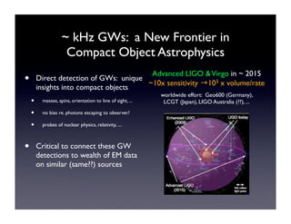 ~ kHz GWs: a New Frontier in 
Compact Object Astrophysics 
Advanced LIGO & Virgo in ~ 2015 
~10x sensitivity →103 x volume/rate 
worldwide effort: Geo600 (Germany), 
LCGT (Japan), LIGO Australia (??), ... 
• Direct detection of GWs: unique 
insights into compact objects 
• masses, spins, orientation to line of sight, ... 
• no bias re. photons escaping to observer! 
• probes of nuclear physics, relativity, .... 
• Critical to connect these GW 
detections to wealth of EM data 
on similar (same??) sources 
 