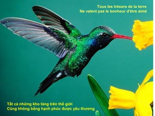 Tous les trésors de la terre
                                  Ne valent pas le bonheur d'être aimé

.




Tất cả những kho tàng trên thế giới
Cũng không bằng hạnh phúc được yêu thương
 