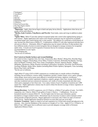 - 17 -
Treehoppers†
Twig Borers13
Wasps
Weevils13
Whiteflies
Imported Fire Ants**
Leafminers
Pecan Leaf Scorch Mite
Pine Shoot Beetle (Adults)
Spider Mites14
0.5 - 1.0 21.7 - 43.5
12
Bagworms: Apply when larvae begin to hatch and spray larvae directly. Applications when larvae are
young will be most effective.
13
Beetles, Scale Crawlers, Twig Borers, and Weevils: Treat trunks, stems and twigs in addition to plant
foliage.
14
Spider Mites: Bifen I/T provides optimal twospotted spider mite control when applied during spring to
mid-summer. Higher application rates and/or more frequent treatments may be required for acceptable
twospotted spider mite control during mid- to late-summer. The addition of a surfactant or horticultural oil
may increase the effectiveness of Bifen I/T. Combinations of Bifen I/T with other registered miticides have
also proven effective. Alternately, Bifen I/T applications may be rotated with those of other products that
have different modes of action in control programs that are designed to manage resistance by twospotted
spider mites. Consult your local Cooperative Extension Service for resistance management
recommendations in your region.
**For foraging ants.
†
Not for use in California.
Pest Control on Outside Surfaces and Around Buildings
For control of Ants, Carpenter Ants, Fire Ants, Armyworms, Bees, Beetles†
, Biting Flies, Boxelder Bugs,
Centipedes, Chiggers. Chinch Bugs, Clover Mites, Crickets, Cutworms, Dichondra Flea Beetles, Earwigs,
Elm Leaf Beetles, Firebrats, Fleas, Flies, Gnats, Grasshoppers, Hornets, Japanese Beetles†
, Midges,
Millipedes, Mosquitoes, Moths, Roaches (including Cockroaches), Scorpions, Silverfish, Sod Webworms,
Sowbugs (Pillbugs), Spider Mites, Spiders (including Black Widow Spiders), Springtails, Ticks (including
Brown Dog Ticks), and Wasps.
†
Not for use in California.
Apply Bifen I/T using a 0.02 to 0.06% suspension as a residual spray to outside surfaces of buildings
including, but not limited to, exterior siding, foundations, porches, window frames, eaves, patios, garages,
refuse dumps, lawns such as grass areas adjacent or around private homes, duplexes, townhouses,
condominiums, house trailers, apartment complexes, carports, garages, fence lines, storage sheds, barns,
and other residential and non-commercial structures, soil, trunks of woody ornamentals and other areas
where pests congregate or have been seen. Use a spray volume of up to 10 gallons of emulsion per 1,000
square feet. Higher application volumes may be used to obtain the desired coverage of dense vegetation or
landscaping materials.
Mixing Directions: For 0.02% suspension, mix 0.33 fluid oz. of Bifen I/T per gallon of water. For 0.06%
suspension, mix 1 fluid oz. Bifen I/T per gallon of water (1 fluid oz. = 2 tablespoons). Do not use
household utensils to measure Bifen I/T. Use the higher rates for heavy pest infestation, quicker
knockdown or longer residual control. Retreatment may be necessary to achieve and/or maintain control
during periods of high pest pressure. Repeat application is necessary only if there are signs of renewed
insect activity. Repeat application should be limited to no more than once per seven days.
Perimeter Treatment: Apply to a band of soil and vegetation 6 to 10 feet wide around and adjacent to the
structure. Also, treat the foundation of the structure to a height of 2 to 3 feet. Apply 0.33 to 1.0 fluid oz. of
Bifen I/T per 1,000 square feet in sufficient water to provide adequate coverage (refer to Perimeter
Application Dilution Chart).
 