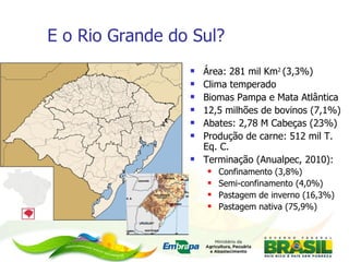 E o Rio Grande do Sul? Área: 281 mil Km 2  (3,3%) Clima temperado Biomas Pampa e Mata Atlântica  12,5 milhões de bovinos (7,1%) Abates: 2,78 M Cabeças (23%) Produção de carne: 512 mil T. Eq. C. Terminação (Anualpec, 2010): Confinamento (3,8%)  Semi-confinamento (4,0%) Pastagem de inverno (16,3%) Pastagem nativa (75,9%) 