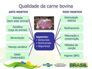 Qualidade da carne bovina Aspectos: Sensoriais Nutricionais Segurança  Estresse (bem estar animal) ANTE MORTEM Genética (raça do animal) Alimentação  Manejo sanitário Estimulação  elétrica POST MORTEM Resfriamento Maturação e conservação Métodos de  cocção Idade  (maturação) Higiene (BPI) 