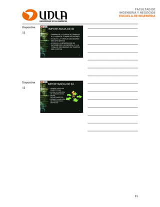 31
FACULTAD DE
INGENIERIA Y NEGOCIOS
ESCUELA DE INGENIERIA
Diapositiva
11
IMPORTANCIA DE BI
– DISMINUYE LA CARGA DE TRABAJO
A LA HORA DE TOMAR DECISIONES
– AYUDA A LA TOMA DE DECISIONES
MÁS EFICIENTES
– AYUDA A LA GENERACIÓN DE
INFORMES EN LA EMPRESA Y A LA
TOMA DE DECISIONES EN TIEMPOS
MÁS CORTOS
11
___________________________________
___________________________________
___________________________________
___________________________________
___________________________________
___________________________________
___________________________________
Diapositiva
12
IMPORTANCIA DE B.I.
– GENERA VENTAJAS
COMPETITIVAS.
– AYUDA A LA MEJORA
DE COMUNICACIÓN
ENTRE
DEPARTAMENTOS .
– PERMITE LA MEJORA
DE PRODUCTOS O
SERVICIOS.
12
___________________________________
___________________________________
___________________________________
___________________________________
___________________________________
___________________________________
___________________________________
 