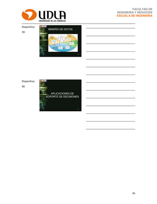 45
FACULTAD DE
INGENIERIA Y NEGOCIOS
ESCUELA DE INGENIERIA
Diapositiva
39
MINERÍA DE DATOS
39
___________________________________
___________________________________
___________________________________
___________________________________
___________________________________
___________________________________
___________________________________
Diapositiva
40
APLICACIONES DE
SOPORTE DE DECISIONES
40
___________________________________
___________________________________
___________________________________
___________________________________
___________________________________
___________________________________
___________________________________
 