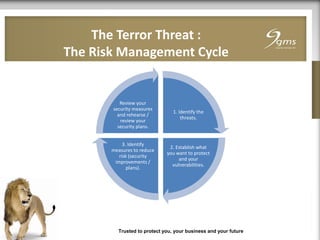The Terror Threat :
The Risk Management Cycle
Trusted to protect you, your business and your future
1. Identify the
threats.
2. Establish what
you want to protect
and your
vulnerabilities.
3. Identify
measures to reduce
risk (security
improvements /
plans).
Review your
security measures
and rehearse /
review your
security plans.
 