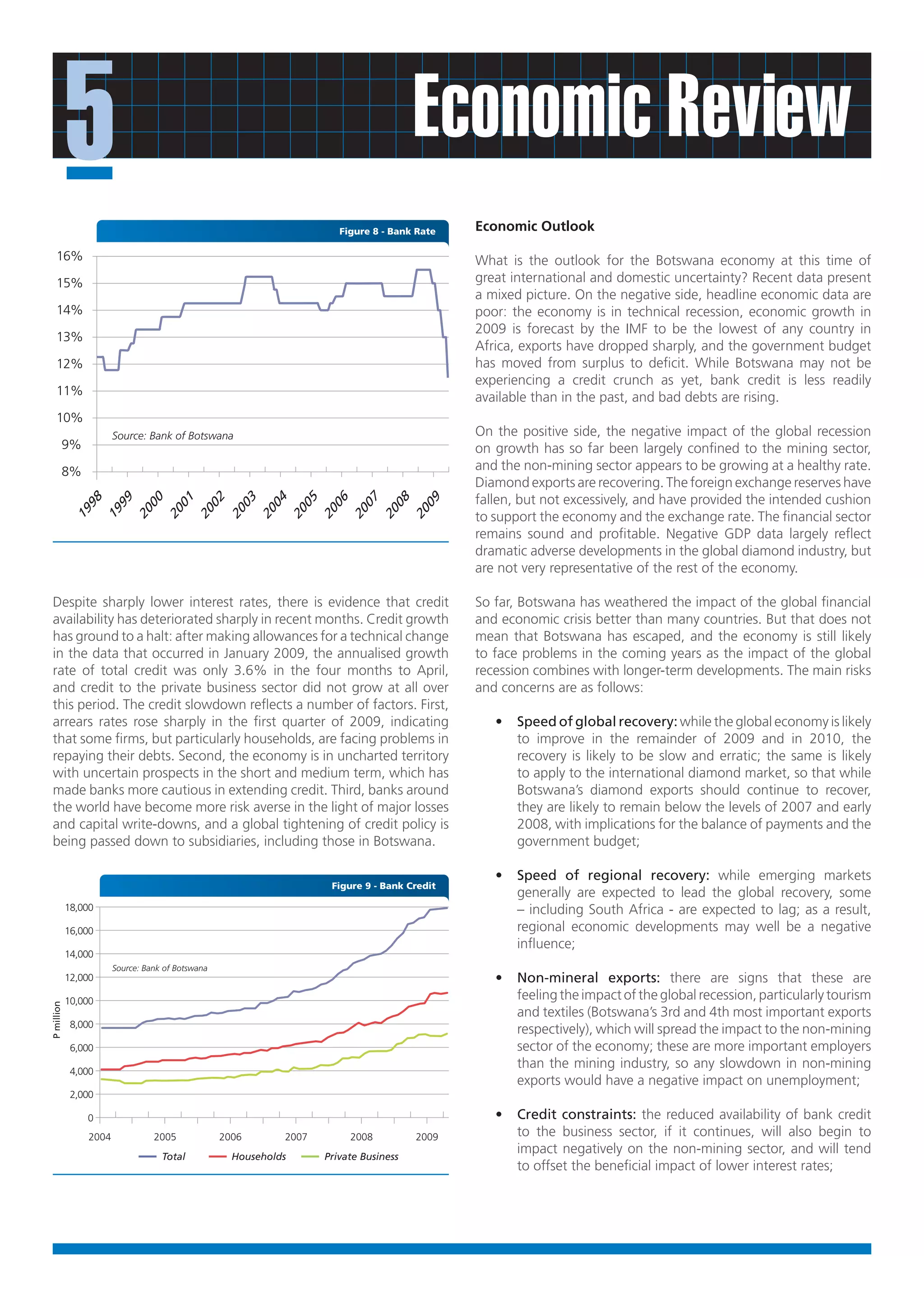 5                                                                                            Economic Review
                                                                                      Figure 8 - Bank Rate      Economic Outlook

    16%                                                                                                         What is the outlook for the Botswana economy at this time of
    15%                                                                                                         great international and domestic uncertainty? Recent data present
                                                                                                                a mixed picture. On the negative side, headline economic data are
    14%                                                                                                         poor: the economy is in technical recession, economic growth in
                                                                                                                2009 is forecast by the IMF to be the lowest of any country in
    13%
                                                                                                                Africa, exports have dropped sharply, and the government budget
    12%                                                                                                         has moved from surplus to deficit. While Botswana may not be
                                                                                                                experiencing a credit crunch as yet, bank credit is less readily
    11%                                                                                                         available than in the past, and bad debts are rising.
    10%
                       Source: Bank of Botswana                                                                 On the positive side, the negative impact of the global recession
        9%                                                                                                      on growth has so far been largely confined to the mining sector,
        8%                                                                                                      and the non-mining sector appears to be growing at a healthy rate.
                                                                                                                Diamond exports are recovering. The foreign exchange reserves have
                 98      99      00       01      02       03     04        05      06      07      08     09   fallen, but not excessively, and have provided the intended cushion
               19      19     20      20       20      20       20     20        20       20     20      20     to support the economy and the exchange rate. The financial sector
                                                                                                                remains sound and profitable. Negative GDP data largely reflect
                                                                                                                dramatic adverse developments in the global diamond industry, but
                                                                                                                are not very representative of the rest of the economy.

 Despite sharply lower interest rates, there is evidence that credit                                            So far, Botswana has weathered the impact of the global financial
 availability has deteriorated sharply in recent months. Credit growth                                          and economic crisis better than many countries. But that does not
 has ground to a halt: after making allowances for a technical change                                           mean that Botswana has escaped, and the economy is still likely
 in the data that occurred in January 2009, the annualised growth                                               to face problems in the coming years as the impact of the global
 rate of total credit was only 3.6% in the four months to April,                                                recession combines with longer-term developments. The main risks
 and credit to the private business sector did not grow at all over                                             and concerns are as follows:
 this period. The credit slowdown reflects a number of factors. First,
 arrears rates rose sharply in the first quarter of 2009, indicating                                               •   Speed of global recovery: while the global economy is likely
 that some firms, but particularly households, are facing problems in                                                  to improve in the remainder of 2009 and in 2010, the
 repaying their debts. Second, the economy is in uncharted territory                                                   recovery is likely to be slow and erratic; the same is likely
 with uncertain prospects in the short and medium term, which has                                                      to apply to the international diamond market, so that while
 made banks more cautious in extending credit. Third, banks around                                                     Botswana’s diamond exports should continue to recover,
 the world have become more risk averse in the light of major losses                                                   they are likely to remain below the levels of 2007 and early
 and capital write-downs, and a global tightening of credit policy is                                                  2008, with implications for the balance of payments and the
 being passed down to subsidiaries, including those in Botswana.                                                       government budget;

                                                                                                                   •   Speed of regional recovery: while emerging markets
                                                                                  Figure 9 - Bank Credit
                                                                                                                       generally are expected to lead the global recovery, some
            18,000                                                                                                     – including South Africa - are expected to lag; as a result,
            16,000                                                                                                     regional economic developments may well be a negative
                                                                                                                       influence;
            14,000
                       Source: Bank of Botswana
            12,000                                                                                                 •   Non-mineral exports: there are signs that these are
            10,000                                                                                                     feeling the impact of the global recession, particularly tourism
P million




                                                                                                                       and textiles (Botswana’s 3rd and 4th most important exports
             8,000
                                                                                                                       respectively), which will spread the impact to the non-mining
             6,000                                                                                                     sector of the economy; these are more important employers
             4,000
                                                                                                                       than the mining industry, so any slowdown in non-mining
                                                                                                                       exports would have a negative impact on unemployment;
             2,000

                0                                                                                                  •   Credit constraints: the reduced availability of bank credit
                2004               2005             2006             2007                2008            2009          to the business sector, if it continues, will also begin to
                                    Total              Households                Private Business
                                                                                                                       impact negatively on the non-mining sector, and will tend
                                                                                                                       to offset the beneficial impact of lower interest rates;
 