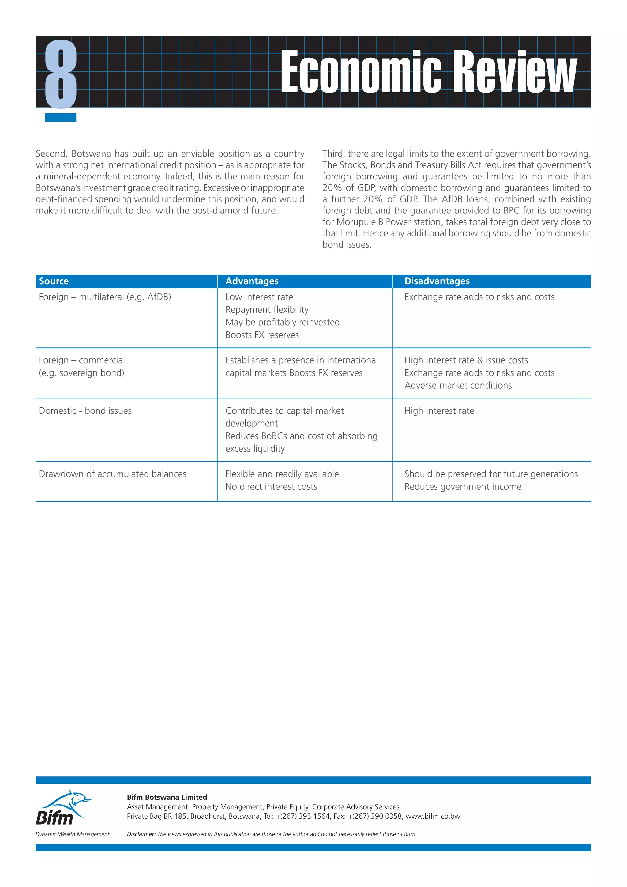 8                                                                                        Economic Review
Second, Botswana has built up an enviable position as a country                                              Third, there are legal limits to the extent of government borrowing.
with a strong net international credit position – as is appropriate for                                      The Stocks, Bonds and Treasury Bills Act requires that government’s
a mineral-dependent economy. Indeed, this is the main reason for                                             foreign borrowing and guarantees be limited to no more than
Botswana’s investment grade credit rating. Excessive or inappropriate                                        20% of GDP, with domestic borrowing and guarantees limited to
debt-financed spending would undermine this position, and would                                              a further 20% of GDP. The AfDB loans, combined with existing
make it more difficult to deal with the post-diamond future.                                                 foreign debt and the guarantee provided to BPC for its borrowing
                                                                                                             for Morupule B Power station, takes total foreign debt very close to
                                                                                                             that limit. Hence any additional borrowing should be from domestic
                                                                                                             bond issues.


 Source                                                             Advantages                                                                 Disadvantages
 Foreign – multilateral (e.g. AfDB)                                 Low interest rate                                                          Exchange rate adds to risks and costs
                                                                    Repayment flexibility
                                                                    May be profitably reinvested
                                                                    Boosts FX reserves

 Foreign – commercial                                               Establishes a presence in international                                    High interest rate & issue costs
 (e.g. sovereign bond)                                              capital markets Boosts FX reserves                                         Exchange rate adds to risks and costs
                                                                                                                                               Adverse market conditions

 Domestic - bond issues                                             Contributes to capital market                                              High interest rate
                                                                    development
                                                                    Reduces BoBCs and cost of absorbing
                                                                    excess liquidity

 Drawdown of accumulated balances                                   Flexible and readily available                                             Should be preserved for future generations
                                                                    No direct interest costs                                                   Reduces government income




                            Bifm Botswana Limited
                            Asset Management, Property Management, Private Equity, Corporate Advisory Services.
                            Private Bag BR 185, Broadhurst, Botswana, Tel: +(267) 395 1564, Fax: +(267) 390 0358, www.bifm.co.bw

Dynamic Wealth Management   Disclaimer: The views expressed in this publication are those of the author and do not necessarily reflect those of Bifm
 