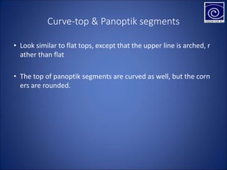 Curve-top & Panoptik segments
• Look similar to flat tops, except that the upper line is arched, r
ather than flat
• The top of panoptik segments are curved as well, but the corn
ers are rounded.
 