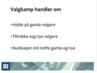 Valgkamp handler om  Holde på gamle velgere Tiltrekke seg nye velgere Budskapet må treffe gamle og nye  