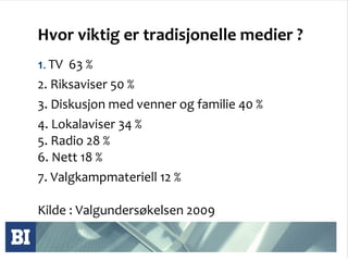Hvor viktig er tradisjonelle medier ?  1.  TV  63 % 2. Riksaviser 50 % 3. Diskusjon med venner og familie 40 % 4. Lokalaviser 34 % 5. Radio 28 % 6. Nett 18 % 7. Valgkampmateriell 12 % Kilde : Valgundersøkelsen 2009  