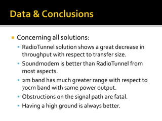  Concerning all solutions:
 RadioTunnel solution shows a great decrease in
throughput with respect to transfer size.
 Soundmodem is better than RadioTunnel from
most aspects.
 2m band has much greater range with respect to
70cm band with same power output.
 Obstructions on the signal path are fatal.
 Having a high ground is always better.
 