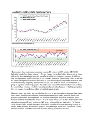 • Base metals. Base metals as a group saw very sizable returns in 2009 with the S&P/GSCI
Industrial Metals Spot Index gaining 91.2%. As copper, zinc and nickel are largely tied to indus-
trial production, prices in these metals are rather sensitive to economic expansion. In addition
base metal prices are highly correlated to stock market sentiment, given equity values on a whole
are also a leading macro-economic indicator. In 2010, volatility in equity market sentiment with
investors switching frequently between the ―risk-on‖ and ―risk-off‖ trade, led base metals as a
group to lag other commodity groups. We are the least favourable on base metals when looking
for assets to best optimize a portfolio‘s risk/return characteristics because of the high correlation
between copper, zinc and other industrial metals to equity prices.

Moreover, as we see equity market volatility shocks to be a common theme this year, base metal
future trades should be utilized more for higher-beta momentum trades based on timing than
portfolio construction building blocks. For investors looking for base metal exposure, we do
however currently favour futures based ETPs over equity-based ETFs as base-metal related com-
panies have run significantly against the S&P/GSCI Industrial Metals Spot Index. The futures
curve characteristics for base metals are mixed with a number of contracts recently moving to a
steeper backwardation. Nevertheless, products incorporating a ―smart-roll‖ feature that look to
reduce roll effects should be considered by those desiring exposure in this area.
 