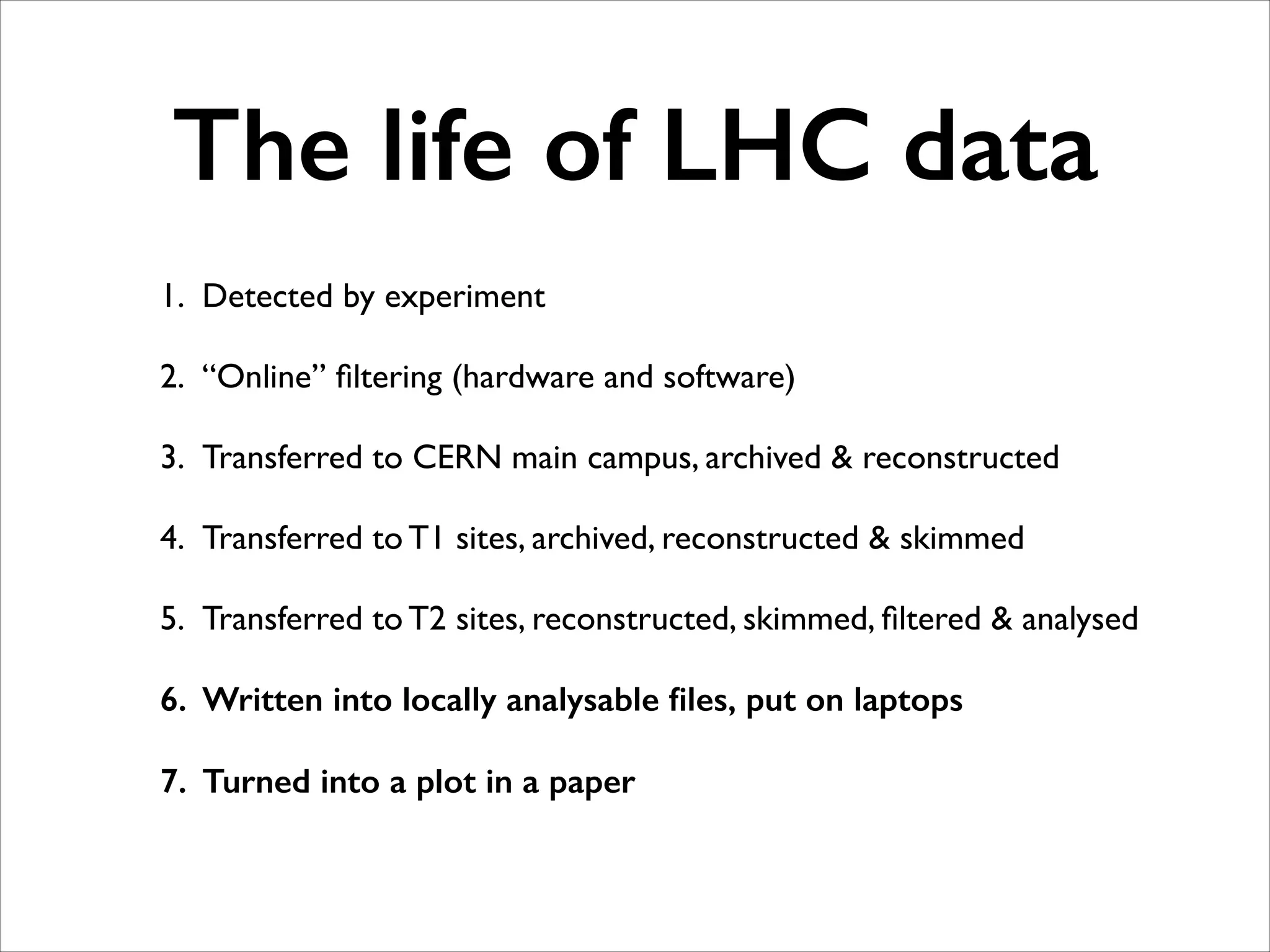 The life of LHC data
1. Detected by experiment	

2. “Online” ﬁltering (hardware and software)	

3. Transferred to CERN main campus, archived & reconstructed	

4. Transferred to T1 sites, archived, reconstructed & skimmed	

5. Transferred to T2 sites, reconstructed, skimmed, ﬁltered & analysed	

6. Written into locally analysable ﬁles, put on laptops
7. Turned into a plot in a paper

 
