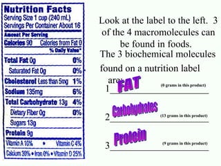 Look at the label to the left.  3 of the 4 macromolecules can be found in foods.  The 3 biochemical molecules found on a nutrition label are: 1____________________ 2____________________ 3____________________ (0 grams in this product) (13 grams in this product) (9 grams in this product) FAT Carbohydrates Protein 