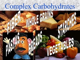 Complex Carbohydrates FIBER STARCHES VEGETABLES WHOLE GRAINS PASTAS BREADS 