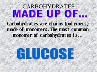 CARBOHYDRATES MADE UP OF... Carbohydrates are chains (polymers) made of monomers. The most common monomer of carbohydrates is… GLUCOSE 