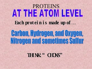 PROTEINS AT THE ATOM LEVEL Each protein is made up of… Carbon, Hydrogen, and Oxygen, Nitrogen and sometimes Sulfur THINK: “CHONS” 