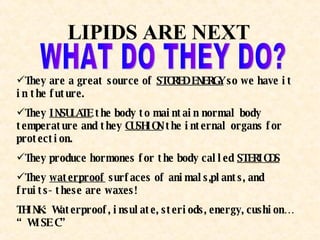 LIPIDS ARE NEXT They are a great source of  STORED ENERGY  so we have it in the future. They  INSULATE  the body to maintain normal body temperature and they  CUSHION  the internal organs for protection. They produce hormones for the body called  STERIODS They  waterproof  surfaces of animals,plants, and fruits- these are waxes! THINK:  Waterproof, insulate, steriods, energy, cushion… “WISE C”  WHAT DO THEY DO? 