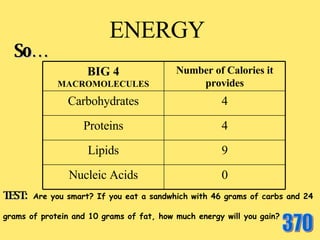ENERGY  So… TEST:  Are you smart? If you eat a sandwhich with 46 grams of carbs and 24 grams of protein and 10 grams of fat, how much energy will you gain?   370 Number of Calories it provides BIG 4  MACROMOLECULES 0 Nucleic Acids 9 Lipids 4 Proteins 4 Carbohydrates 