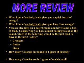 What kind of carbohydrate gives you a quick burst of energy?  What kind of  carbohydrate  gives you long term energy?  You are stranded on a desert island and have found a box of food.  Considering you have almost nothing to eat on the island, which of the following would be the best food to have in the box?  WHY ? Crackers Butter Steak  How many Calories are found in 1 gram of protein? How many Calories are in 1 gram of nucleic acid? MORE REVIEW 