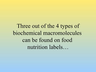 Three out of the 4 types of biochemical macromolecules  can be found on food  nutrition labels… 