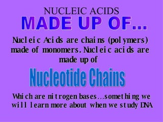 NUCLEIC ACIDS MADE UP OF... Nucleic Acids are chains (polymers) made of monomers. Nucleic acids are made up of  Nucleotide Chains Which are nitrogen bases…something we will learn more about when we study DNA 