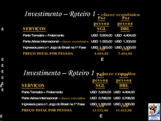 Investimento – Roteiro 1 -  classe econômica Investimento – Roteiro 1 -  classe executiva    SERVIÇOS Por pessoa SGL Por pessoa DBL Parte Terrestre + Fretamento  USD  5.904,00 USD  4.404,00 Parte Aérea Internacional -  classe econômica USD  1.500,00 USD  1.500,00 Ingressos para o 1 Jogo do Brasil na 1ª Fase USD  1.500,00 USD  1.500,00 PREÇO TOTAL POR PESSOA  USD  8.904,00 USD  7.404,00                 SERVIÇOS Por pessoa SGL Por pessoa DBL Parte Terrestre + Fretamento  USD  5.904,00 USD  4.404,00 Parte Aérea Internacional -  classe executiva USD  5.708,00 USD  5.708,00 Ingressos para o 1 Jogo do Brasil na 1ª Fase USD  1.500,00 USD  1.500,00 PREÇO TOTAL POR PESSOA  USD 13.112,00 USD  11.612,00               