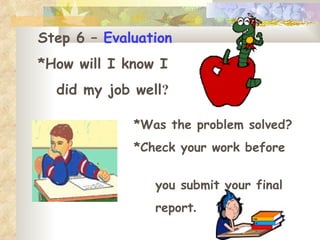 Step 6 –  Evaluation *How will I know I  did my job well ? *Was the problem solved?   *Check your work before  you submit ...