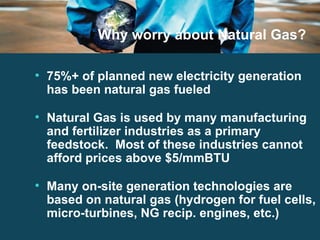 Why worry about Natural Gas? 75%+ of planned new electricity generation has been natural gas fueled Natural Gas is used by many manufacturing and fertilizer industries as a primary feedstock.  Most of these industries cannot afford prices above $5/mmBTU Many on-site generation technologies are based on natural gas (hydrogen for fuel cells, micro-turbines, NG recip. engines, etc.) 