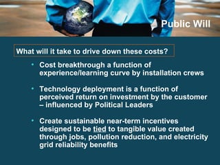 Public Will Cost breakthrough a function of experience/learning curve by installation crews Technology deployment is a function of perceived return on investment by the customer – influenced by Political Leaders Create sustainable near-term incentives designed to be  tied  to tangible value created through jobs, pollution reduction, and electricity grid reliability benefits What will it take to drive down these costs? 