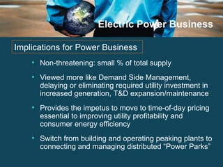 Electric Power Business Non-threatening: small % of total supply Viewed more like Demand Side Management, delaying or eliminating required utility investment in increased generation, T&D expansion/maintenance Provides the impetus to move to time-of-day pricing essential to improving utility profitability and consumer energy efficiency Switch from building and operating peaking plants to connecting and managing distributed “Power Parks” Implications for Power Business 