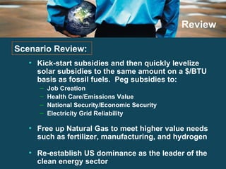 Review Kick-start subsidies and then quickly levelize solar subsidies to the same amount on a $/BTU basis as fossil fuels.  Peg subsidies to: Job Creation Health Care/Emissions Value National Security/Economic Security Electricity Grid Reliability Free up Natural Gas to meet higher value needs such as fertilizer, manufacturing, and hydrogen  Re-establish US dominance as the leader of the clean energy sector Scenario Review:  