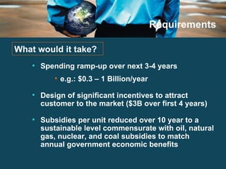 Requirements Spending ramp-up over next 3-4 years  e.g.: $0.3 – 1 Billion/year Design of significant incentives to attract customer to the market ($3B over first 4 years) Subsidies per unit reduced over 10 year to a sustainable level commensurate with oil, natural gas, nuclear, and coal subsidies to match annual government economic benefits What would it take? 