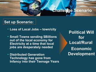 Challenge Scenario Loss of Local Jobs – town/city Small Towns sending $Billions out of the local economy for Electricity at a time that local jobs are desperately needed Distributed Generation Technology has gone from Infancy into their Teenage Years Political Will for Local/Rural  Economic Development Set up Scenario: 