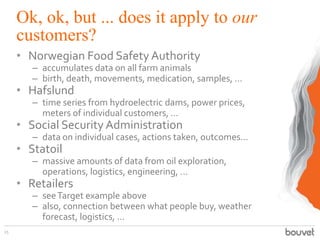 Ok, ok, but ... does it apply to our
customers?
• Norwegian Food Safety Authority
– accumulates data on all farm animals
–...