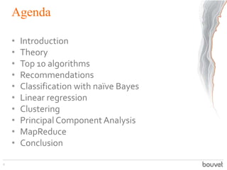 Agenda
• Introduction
• Theory
• Top 10 algorithms
• Recommendations
• Classification with naïve Bayes
• Linear regression...